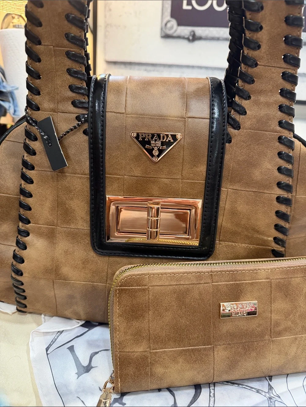 Tan Leather Top-Handle Bag‎ with Matching Wallet